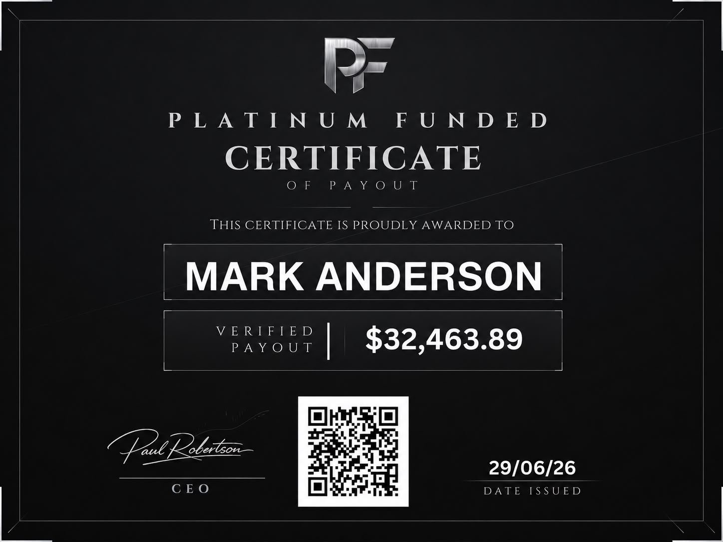 Verified payout certificate