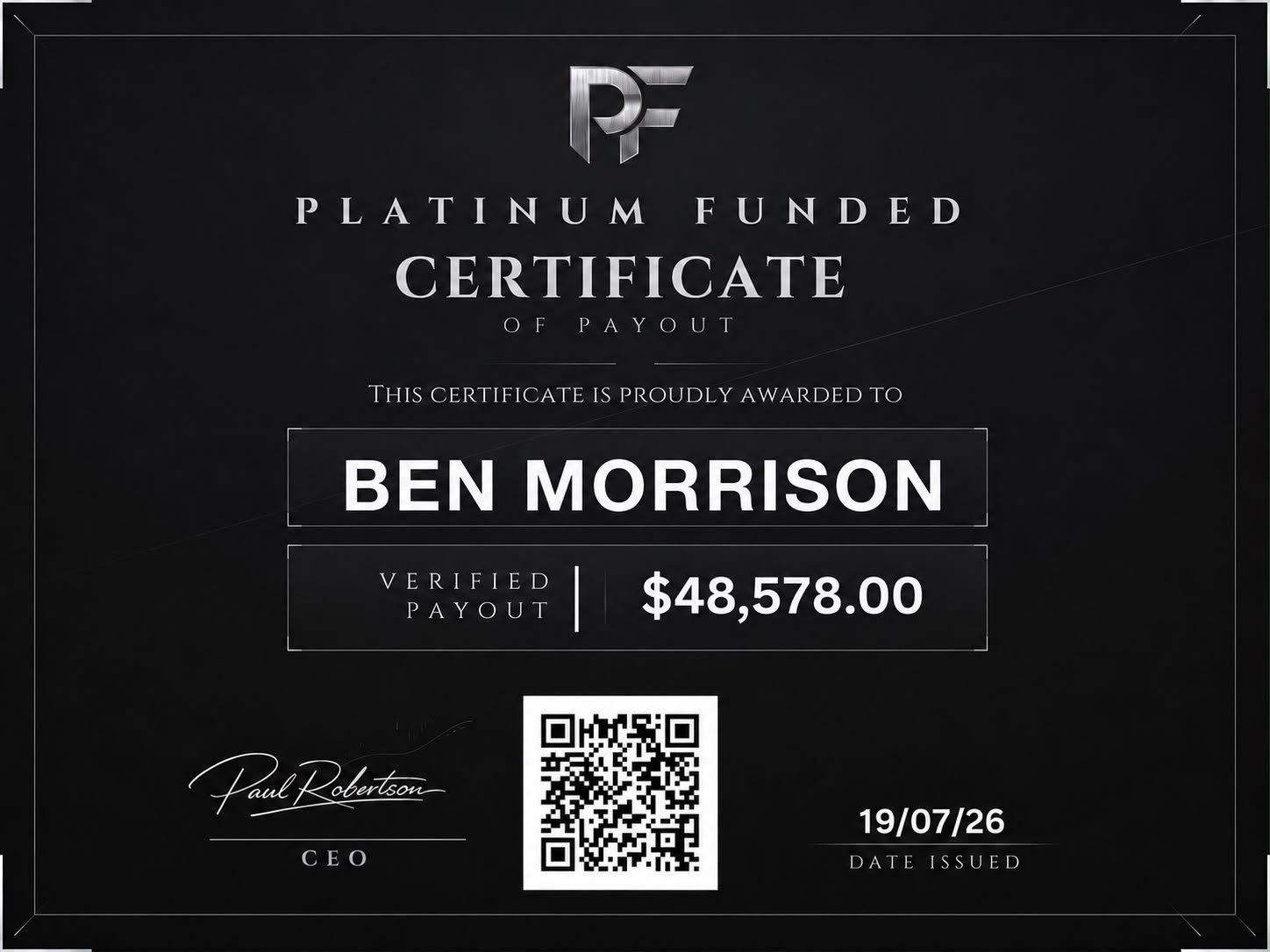 Verified payout certificate